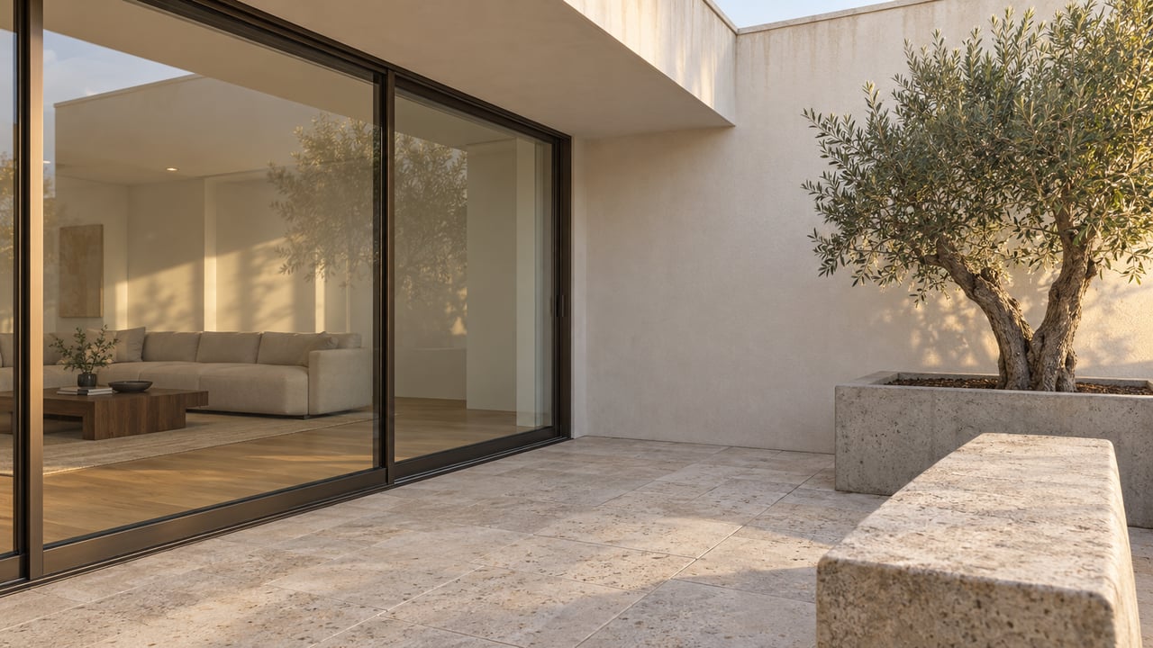 Contemporary home's limestone terrace with a stone bench, a sculptural olive tree and closed glass doors revealing a warm minimalist living room.