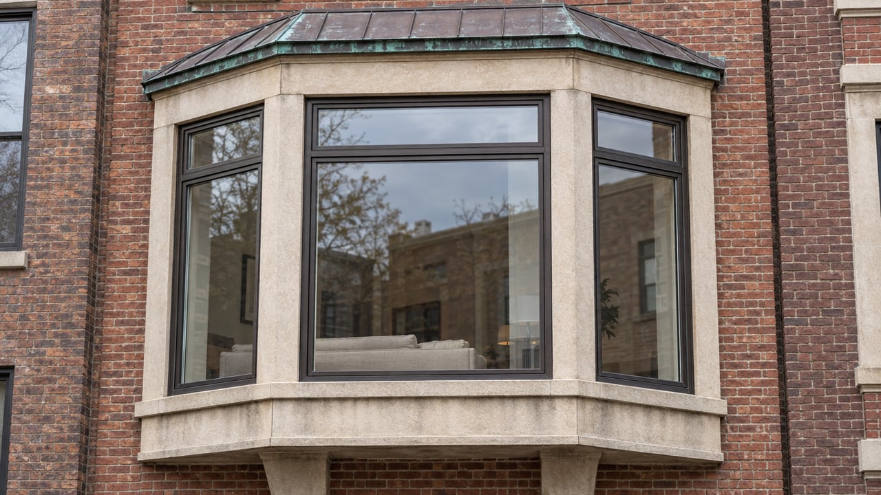A projecting three-sided bay window with dark metal frames, limestone trim and a weathered copper roof on a restored brick home.