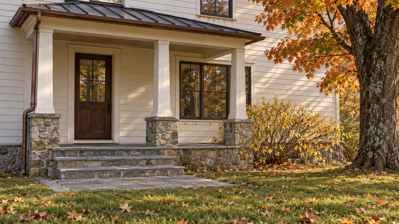 Ivory clapboard farmhouse porch with bluestone steps, a dark oak door, and an amber-leaved maple beside an autumn lawn.