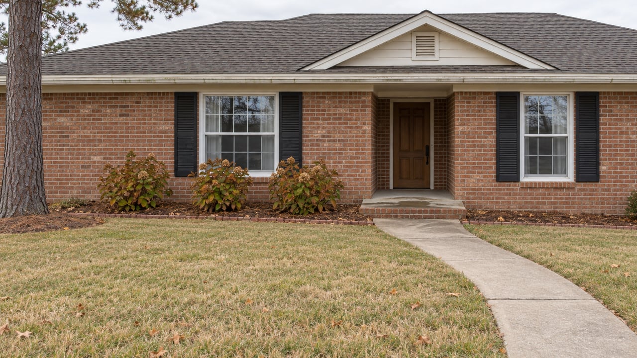 Red brick ranch with black shutters, a recessed wood front door, and a concrete walk across an autumn lawn.