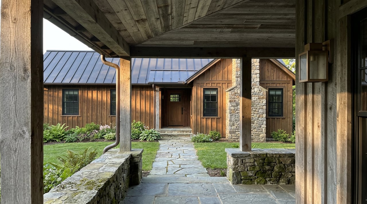 Weathered timber porch framing a flagstone walkway and neighboring cedar bungalow with a stone chimney.