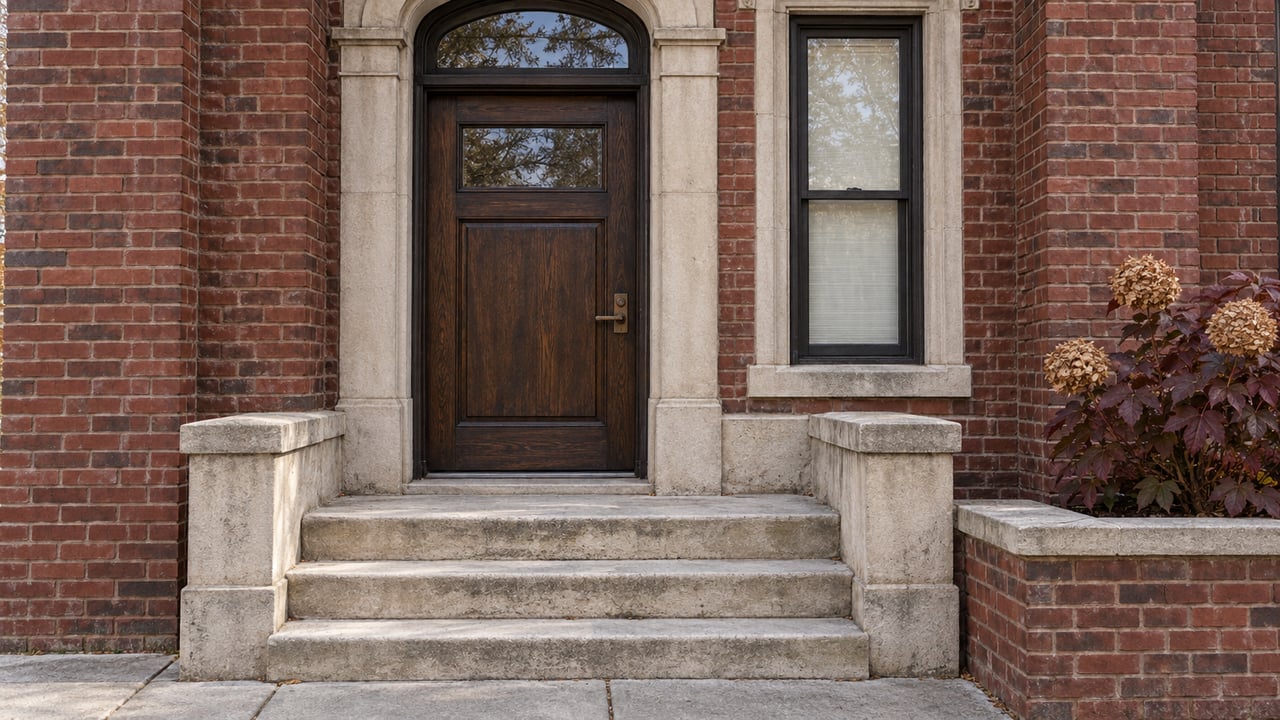 Red brick residential entrance with a dark oak door, buff limestone arch and worn stone steps beside a burgundy oakleaf hydrangea.