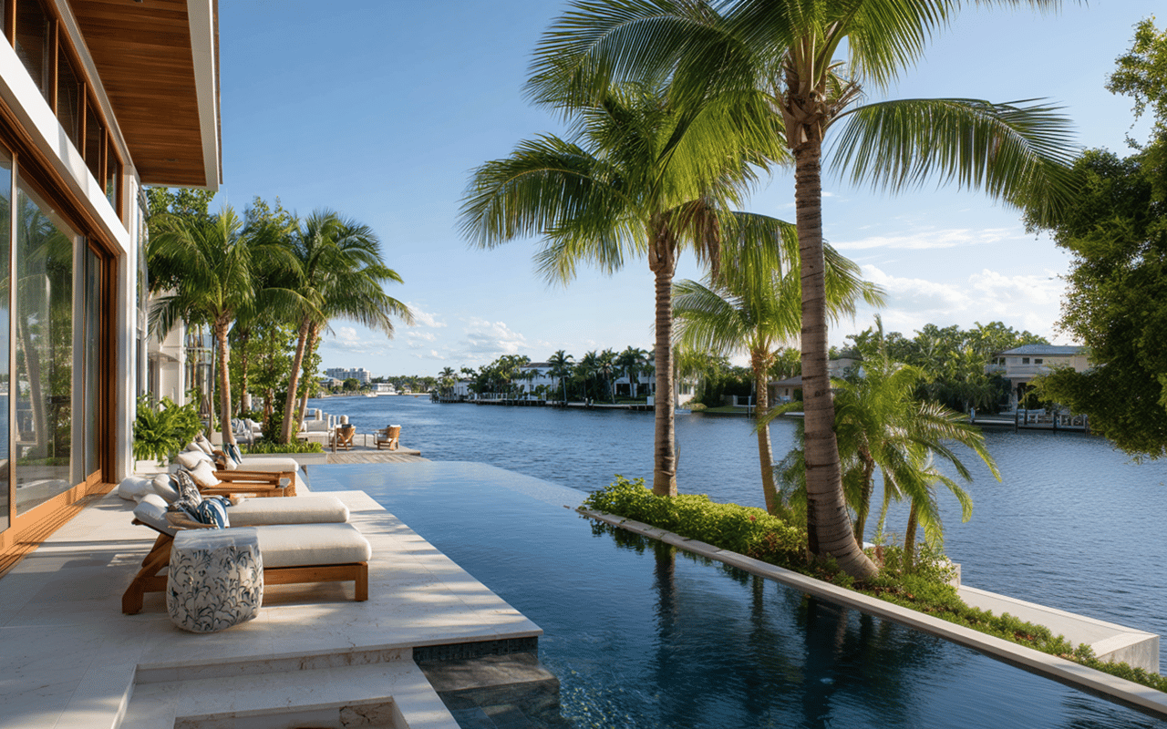 Waterfront home with a palm-lined canal, infinity pool, and furnished patio.