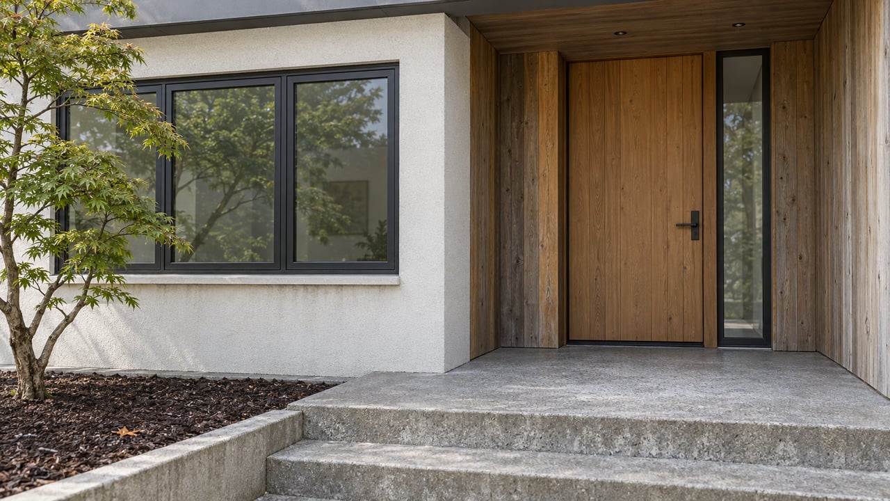 Close view of a contemporary home's cedar entry, off-white stucco, dark-framed windows and concrete steps beside a Japanese maple.