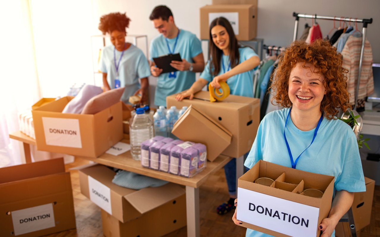 Volunteers pack donation boxes, with a smiling woman holding a box in the foreground.