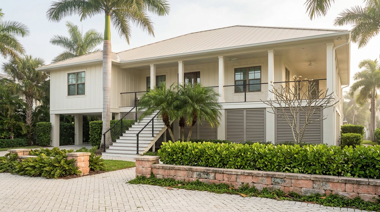 Elevated coastal home with a metal roof, white board-and-batten siding, palms, and a herringbone paver walk.