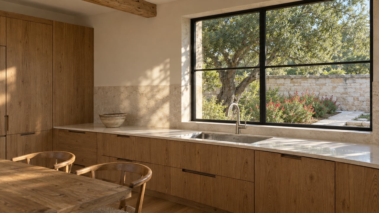 Warm afternoon light falls across oak kitchen cabinets, a limestone backsplash and a sink beneath a black-framed window overlooking a stone-walled garden.