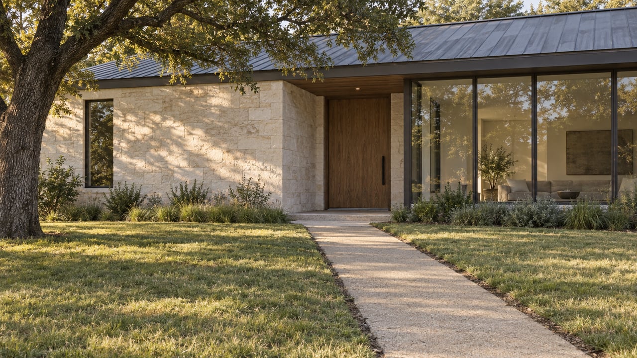 Pale limestone house with a recessed oak door, glazed wall, straight walkway, broad lawn, and spreading oak.