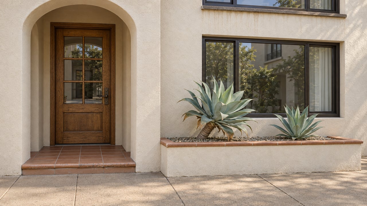 Warm stucco apartment entrance with an oak divided-light door, terracotta threshold, bronze-framed windows and two agaves in a masonry planter.