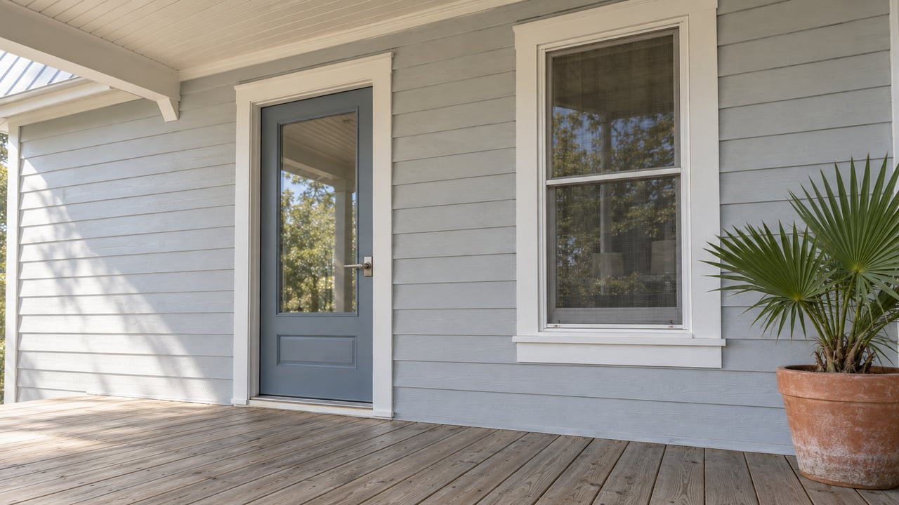 Pale gray siding and a blue-gray glazed door on a weathered wood porch, with a screened window and one potted dwarf palmetto.
