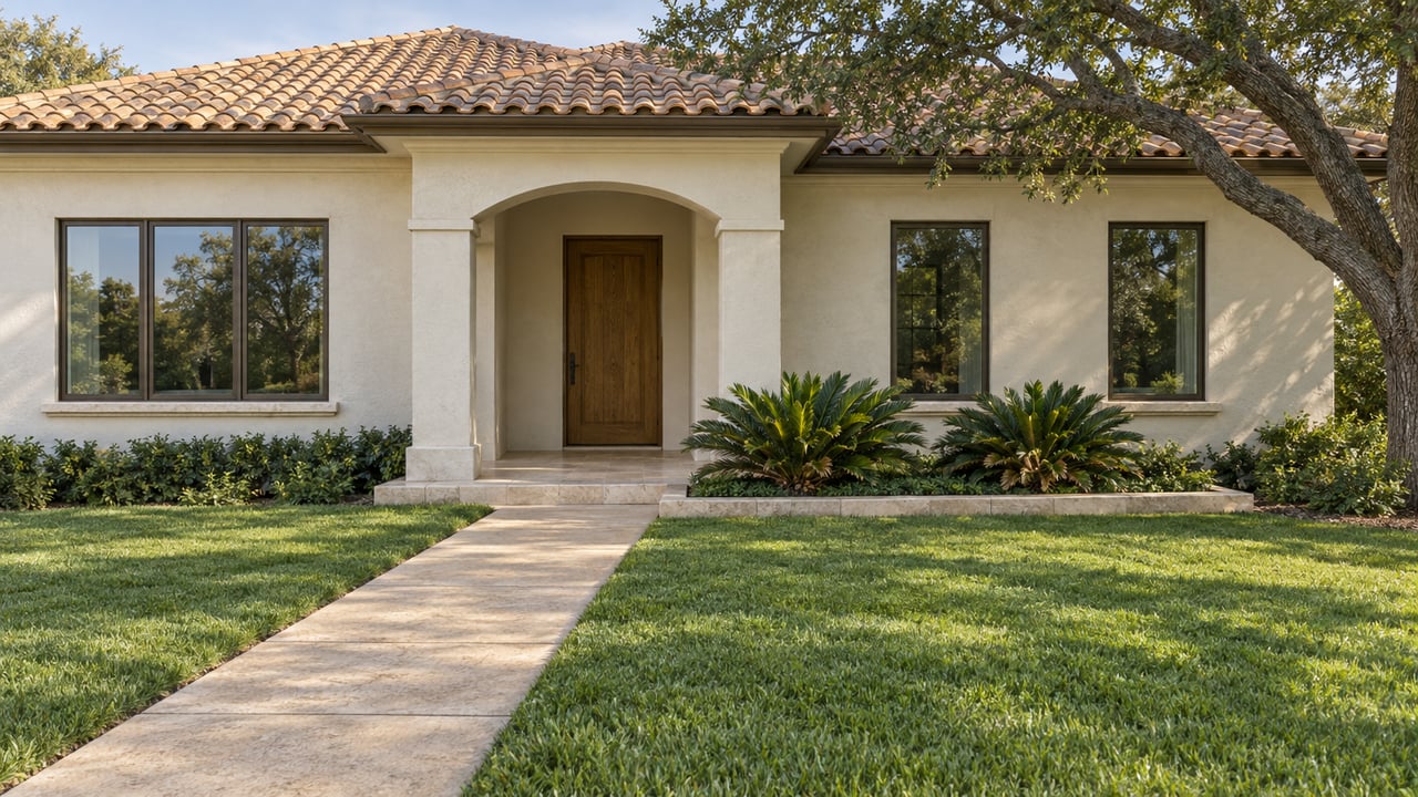Cream stucco home with a pale tile roof, arched entry, broad lawn and mature spreading oak in morning light.