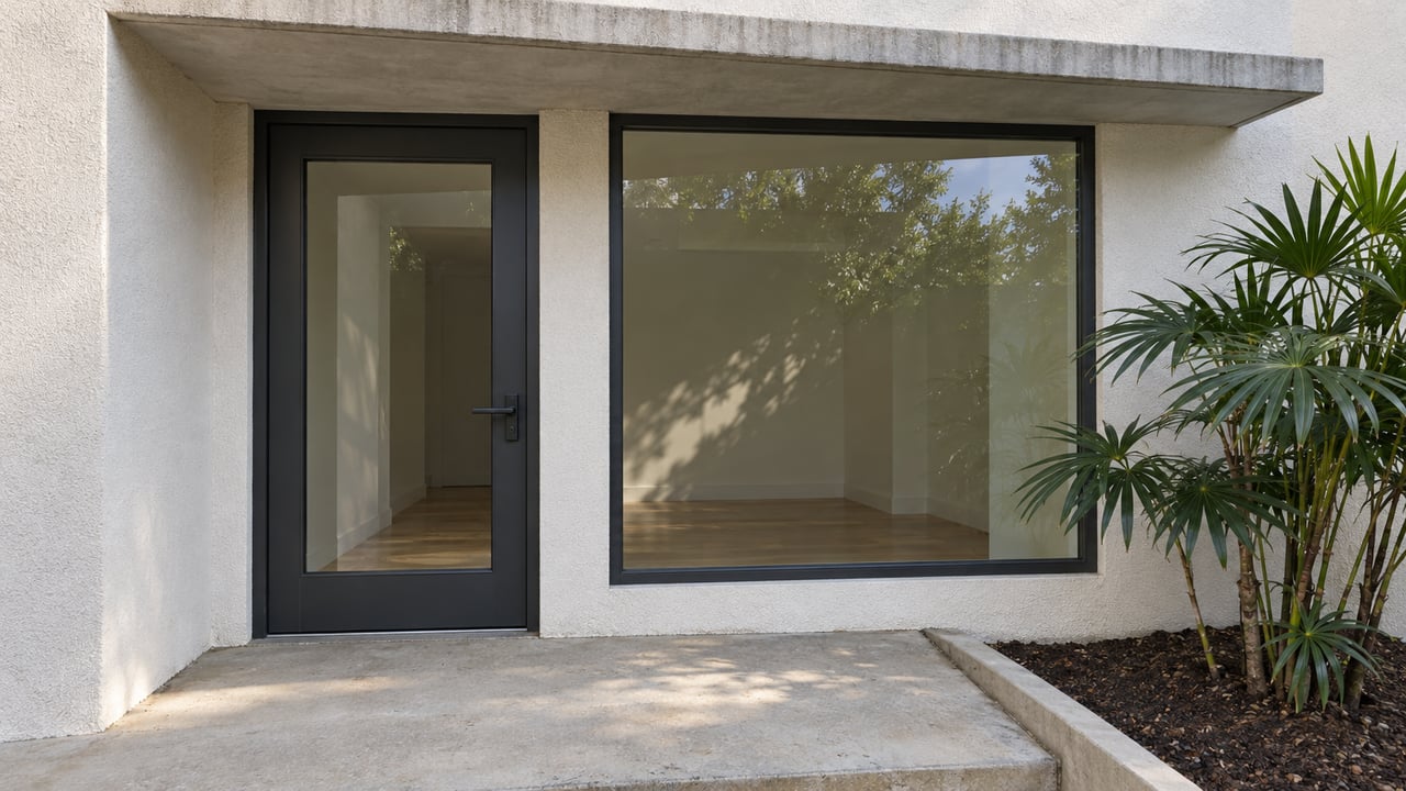 Sunlit stucco townhouse entrance with a glazed charcoal door, broad window, concrete landing and a specimen lady palm.
