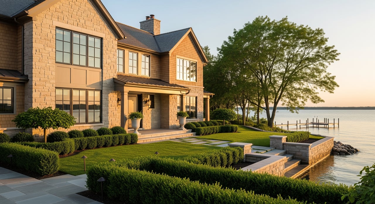 Large stone house beside a lake, with clipped hedges, a paved terrace, and a wooden dock.