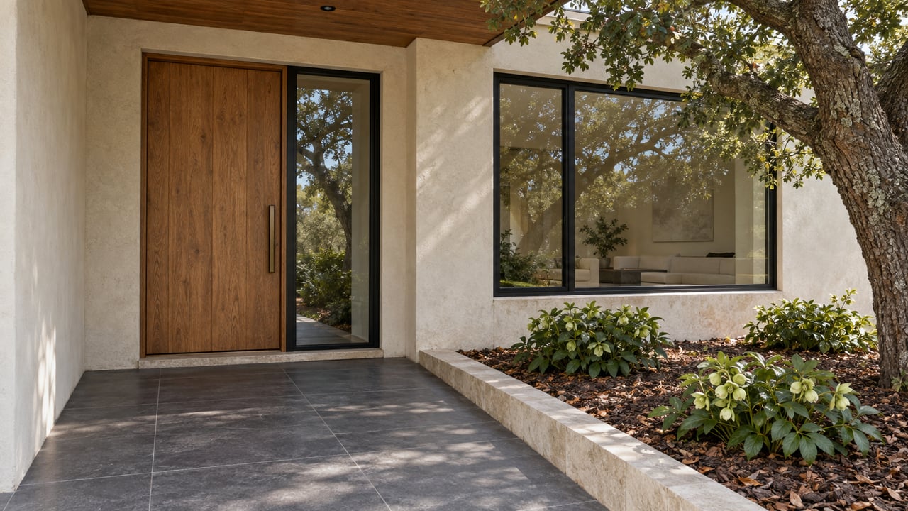 Sheltered oak entry door and black-framed windows beside a limestone-edged garden with a mature live oak.