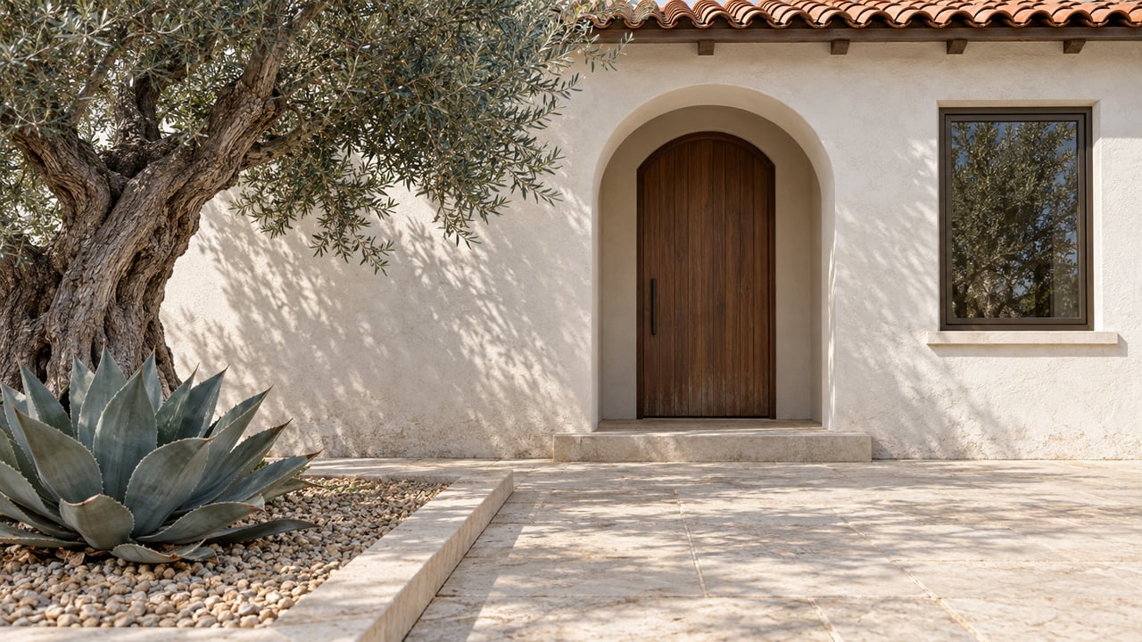 Sunlit white stucco entrance with a walnut-toned door, limestone paving, a sculptural olive tree and a blue-gray agave.