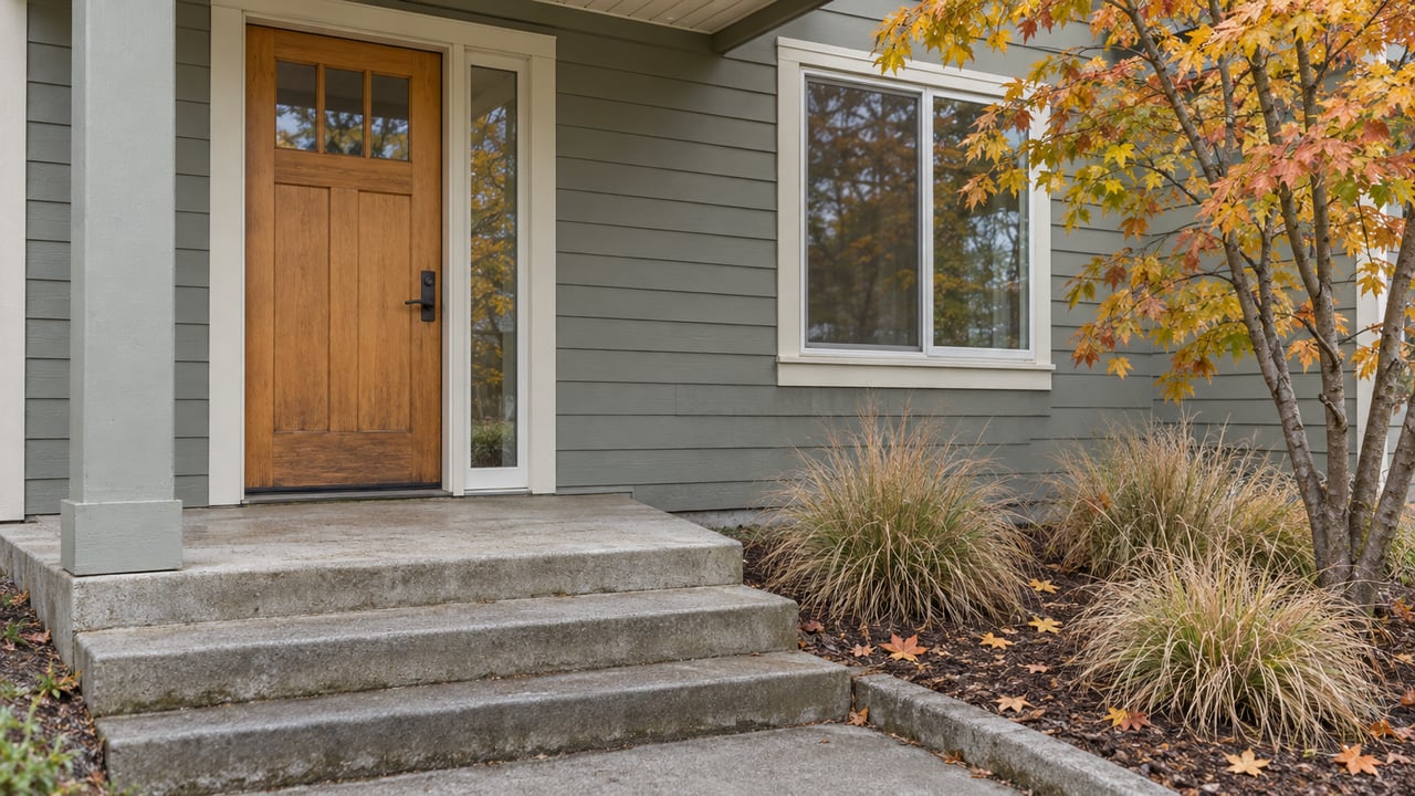 Gray-green lap siding, a fir entry door and worn concrete steps beside a copper-yellow maple on an overcast autumn afternoon.