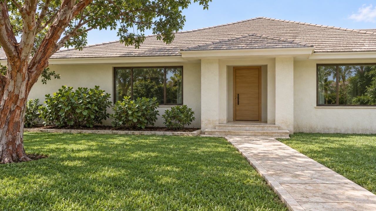 Sunlit ivory stucco home with a pale tiled hip roof, bronze-framed windows and a limestone entry walk crossing a deep green lawn beside a copper-barked tree.