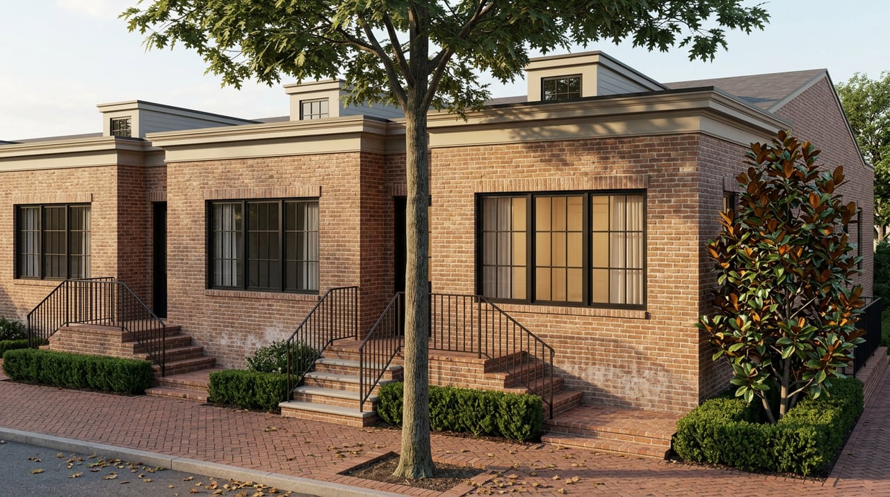 Three attached brick rowhouses with black-framed windows, iron-railed stoops, and a mature oak canopy.