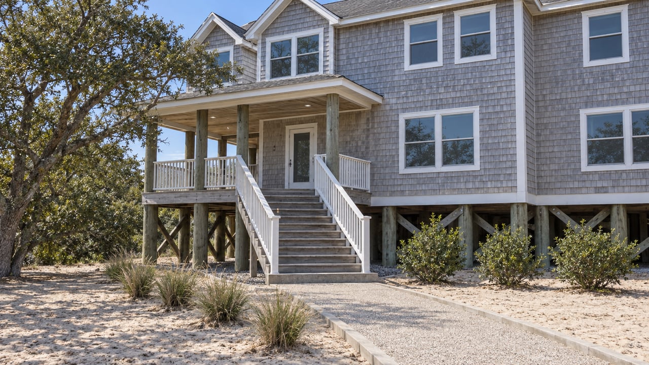 Elevated cedar-shingle house with white porch rails, a timber entry stair and a sandy planted approach in clear daylight.