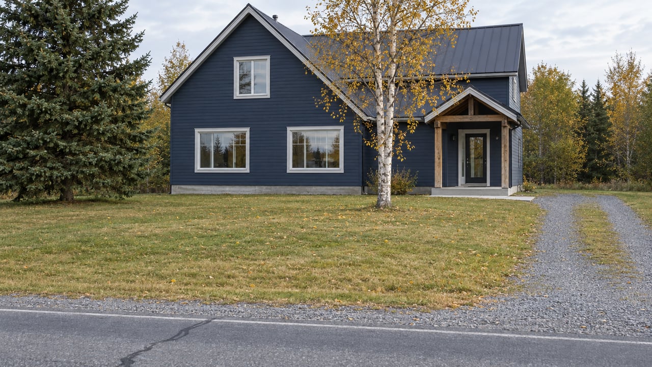Navy gabled house with weathered cedar porch posts, a deep autumn lawn, spruce and birch trees, and an asphalt road edge in the foreground.
