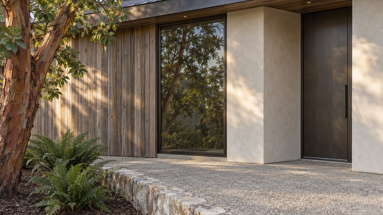 Hillside house with cedar siding, a reflective window, bronze entry door, and concrete landing beside ferns.