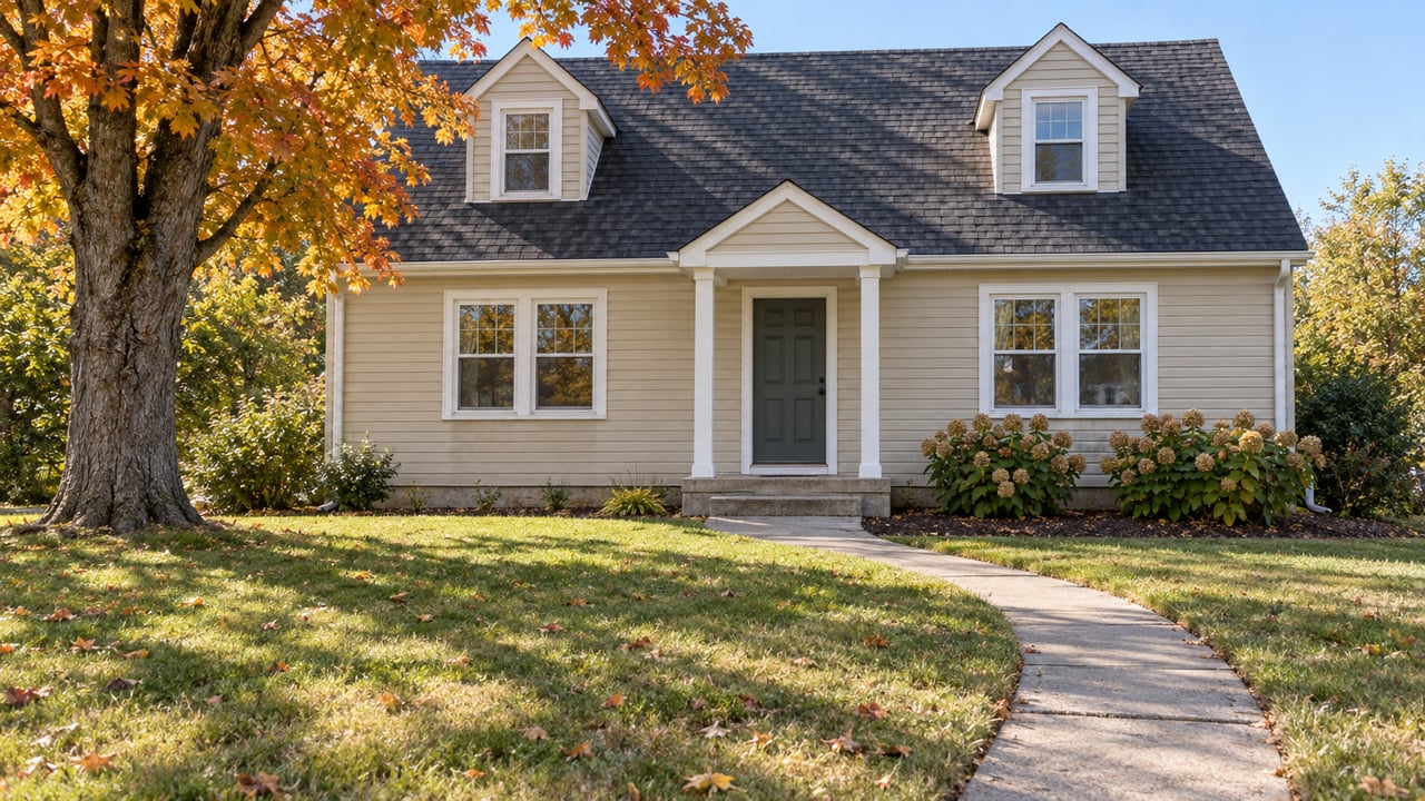 Beige house with two roof dormers and a curved walkway beneath an orange-leaved tree.