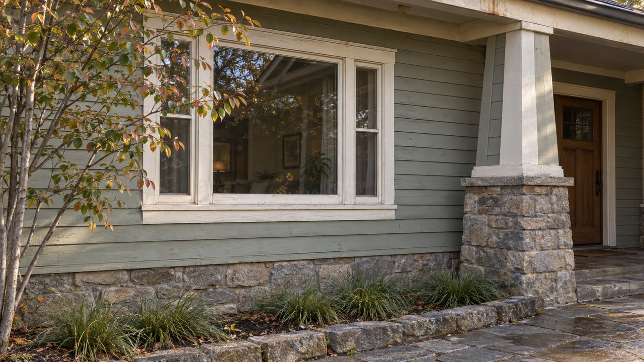 Weathered sage-gray bungalow with a broad wood-framed window, stone foundation, and serviceberry branches.