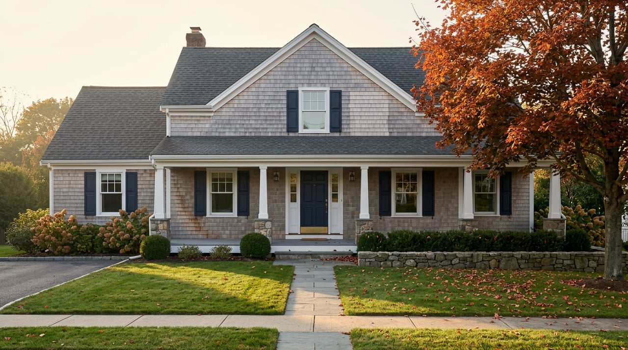 Shingle-style home with a columned porch, navy shutters, and orange-red maple leaves across the lawn.