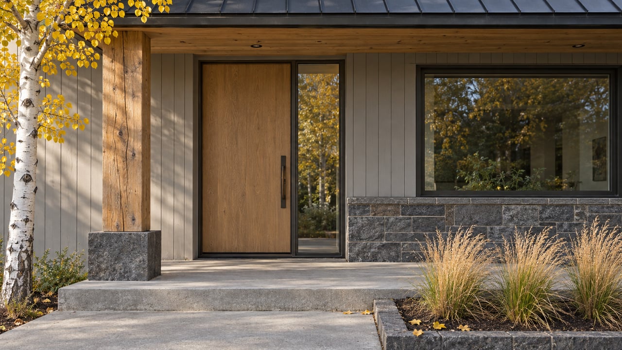 Autumn sunlight on a home entry with an oak door, light vertical siding, basalt masonry, a black metal roof and yellow aspen leaves.