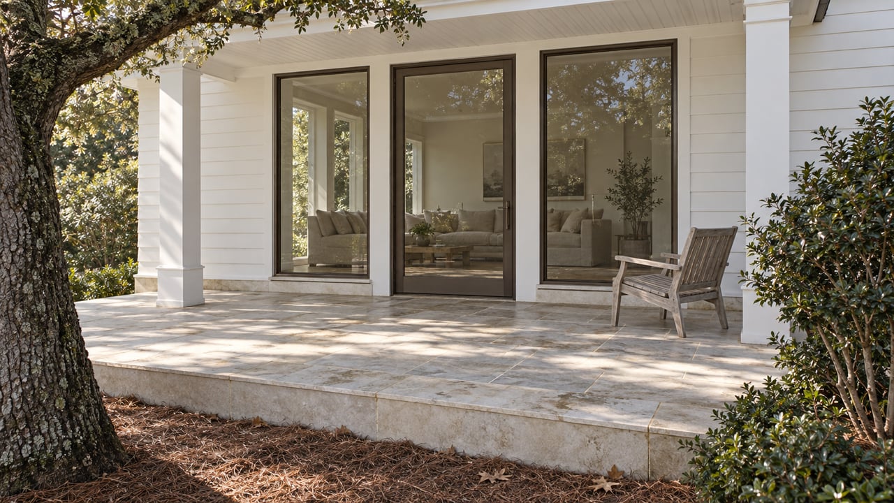 Sunlit glazed living-room bay opens visually onto a limestone terrace with a weathered teak chair, live oak and sculptural yaupon holly.