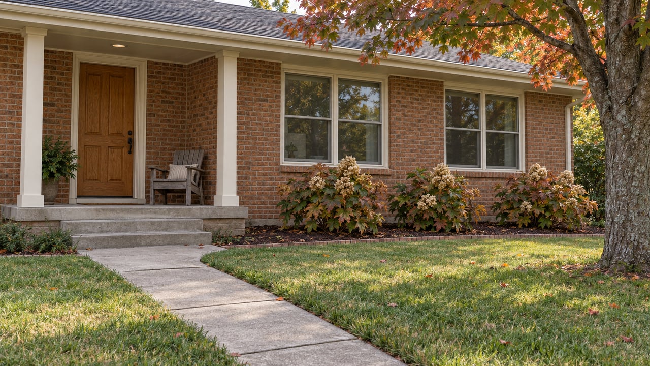 Brick ranch entry with oak door, cream-framed windows, a concrete approach across an autumn lawn, and oakleaf hydrangeas.