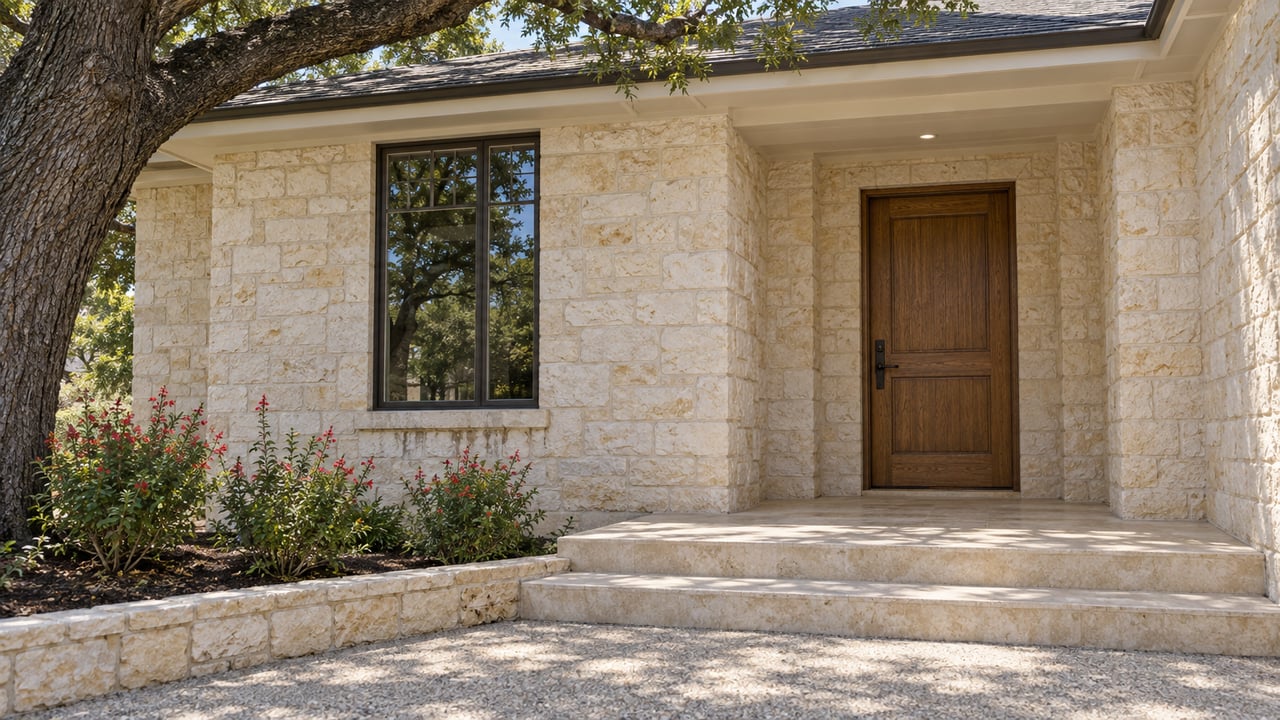 Stone house entrance with a dark wood door, limestone steps, and flowering shrubs beneath an oak tree.