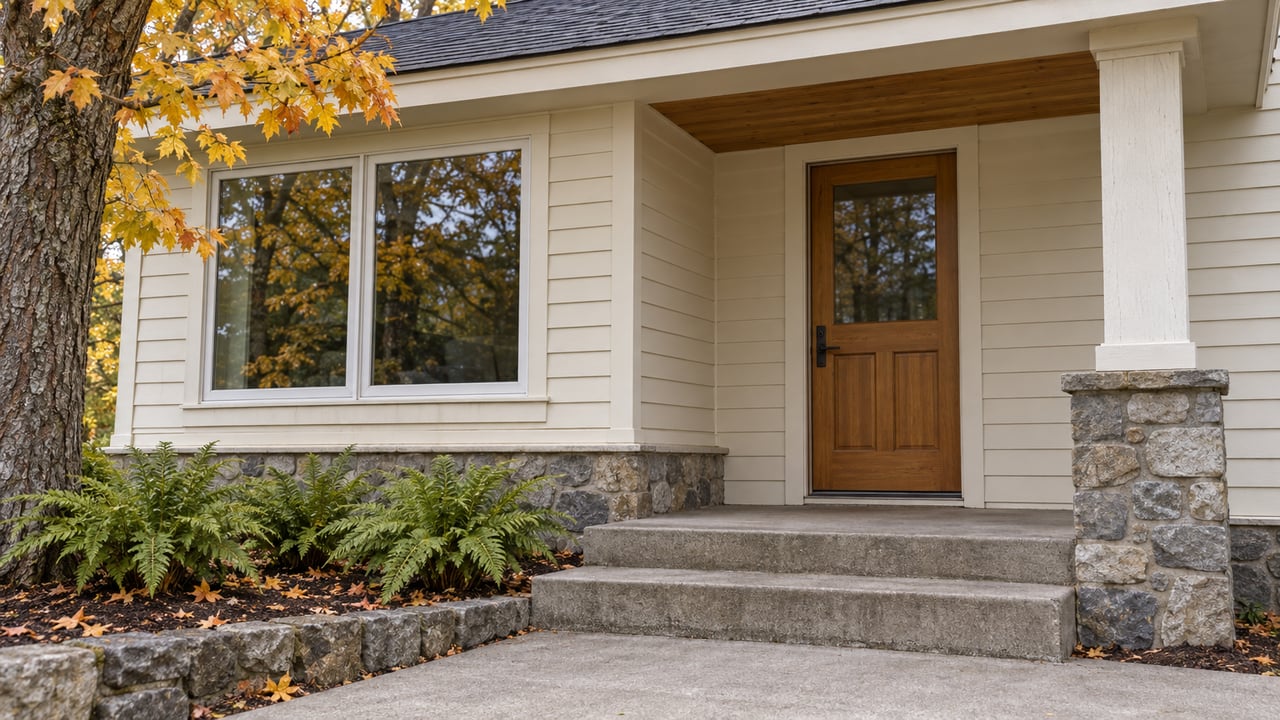 Cream clapboard home with a sheltered wood entry door, fieldstone foundation, concrete steps and an autumn sugar maple.