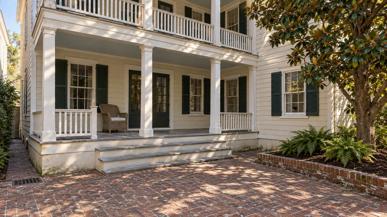 Cream clapboard home with stacked white verandas, green shutters and a worn brick side court beside a mature magnolia.
