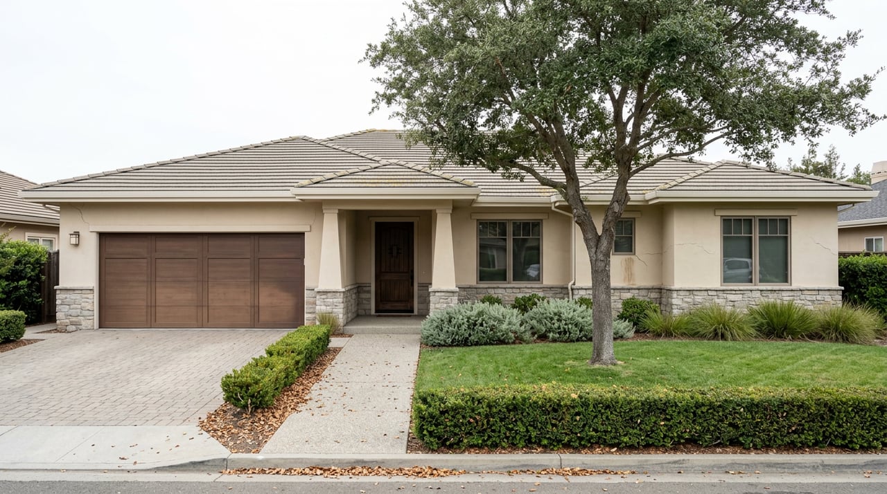 Contemporary California home with a walnut-toned garage door, stone base, oak tree, and clipped front hedge.