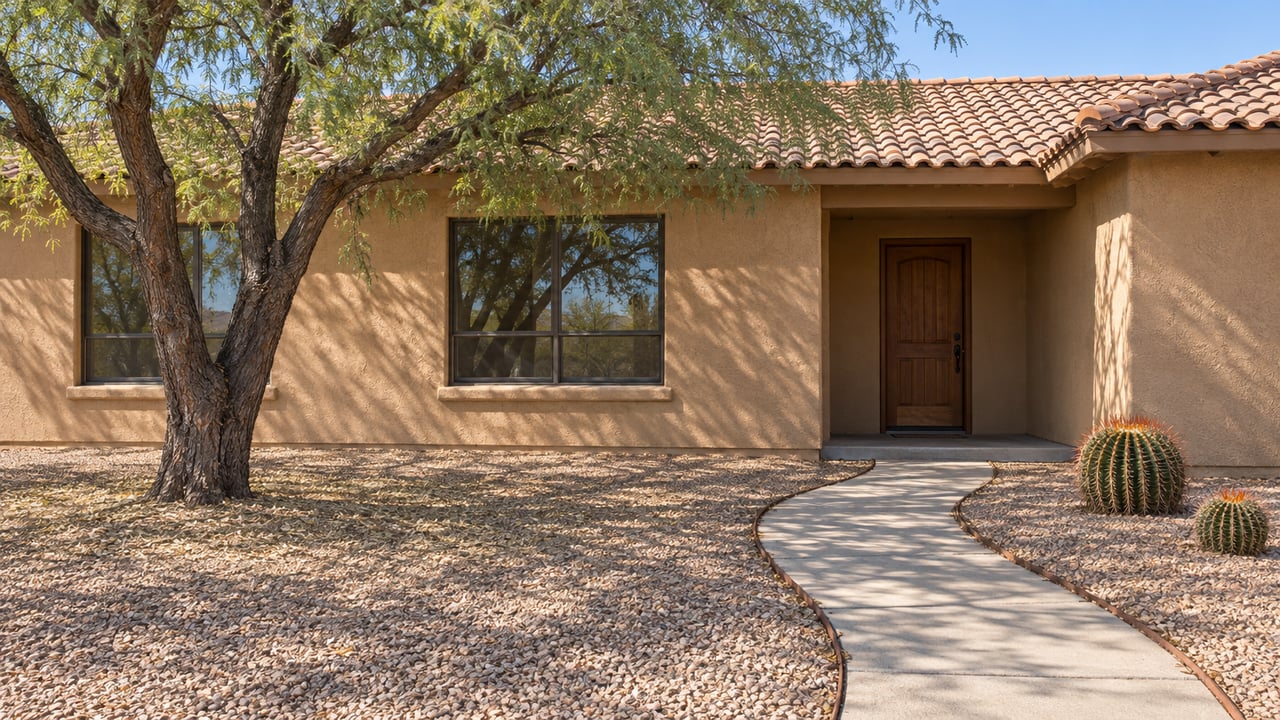 Low adobe-toned stucco home with a clay-tile roof, shaded entry, mature velvet mesquite and a gravel front garden.