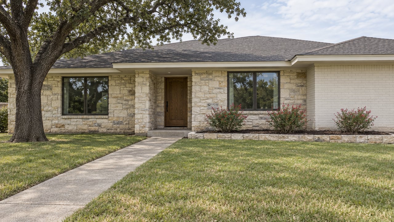 A single-story limestone and painted-brick home behind a broad lawn, with a spreading live oak and a concrete walk leading to a recessed wooden entry.