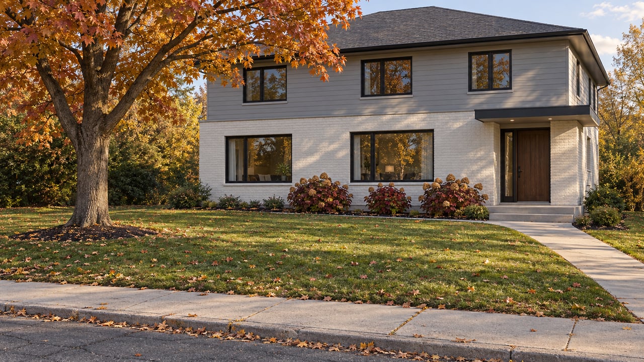 An autumn maple shades the deep front lawn of a renovated two-story home with pale brick, gray siding and black-framed windows.