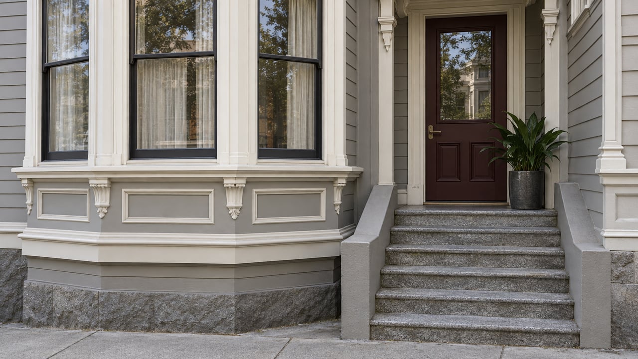 Close exterior of a warm gray timber home with ivory bay-window trim, an oxblood entry door, and stone steps.