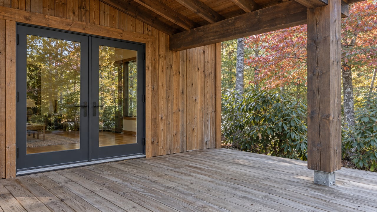 Weathered timber deck and cedar cabin entry beneath exposed roof beams, with autumn maple foliage beyond a supporting post.