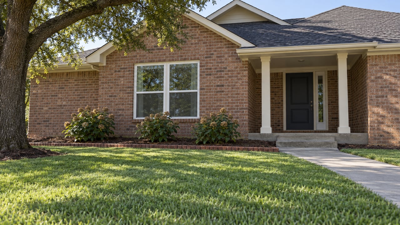Red brick house with white porch columns, black front door, and a large shade tree.