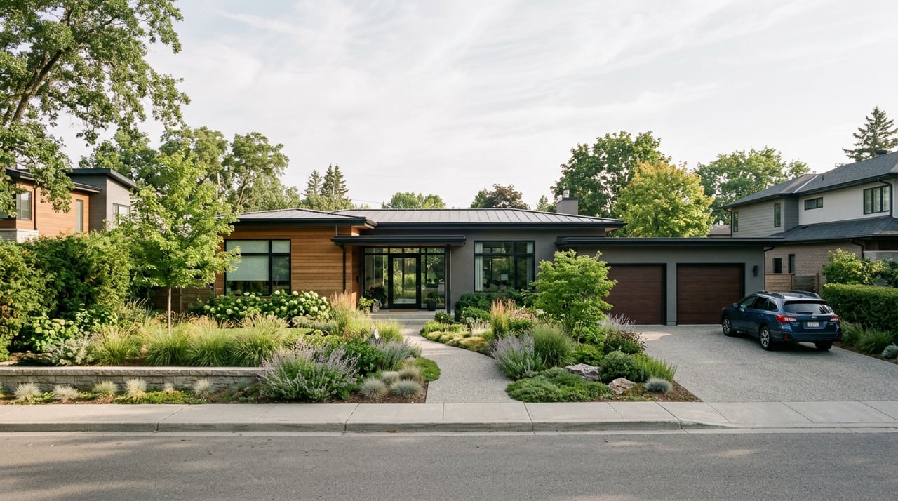 Contemporary single-story residence with a deep front lawn, hedge boundary, and curated specimen plantings.