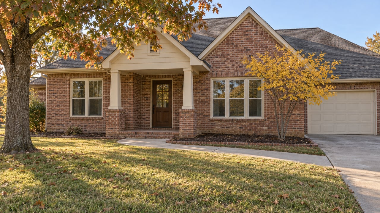 Brick home with pitched gables, a covered front porch, a deep lawn, and oak and redbud trees showing early autumn color.