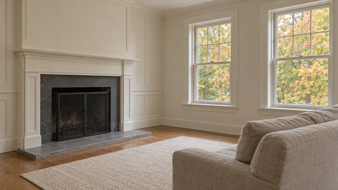Bright living room with painted wood fireplace surround, gray limestone hearth, oak flooring and a linen sofa beside two windows overlooking autumn maple foliage.