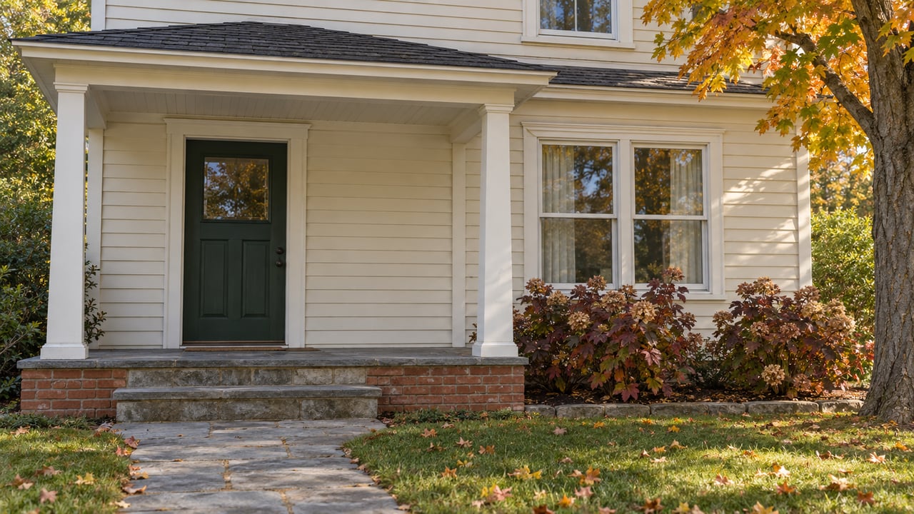 Ivory clapboard home with a green entry door, bluestone porch steps and autumn maple foliage.
