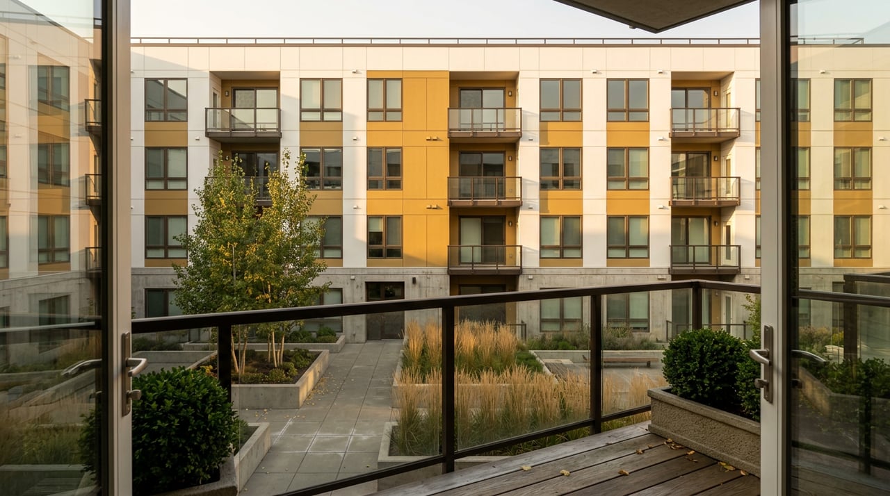 Contemporary apartment courtyard with inset balconies, mustard-gold facade panels, and aspen trees in raised planters.