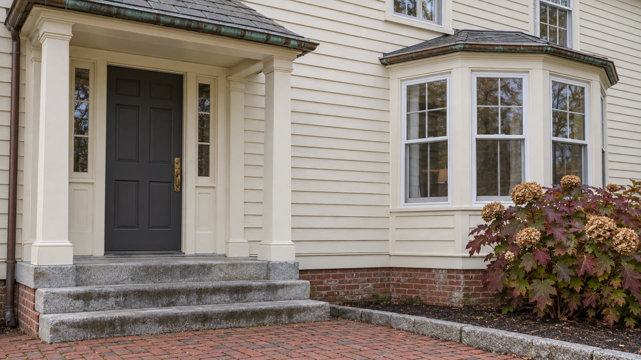 Cream clapboard home with a slate-roofed entry, granite steps, white bay windows and burgundy oakleaf hydrangea.