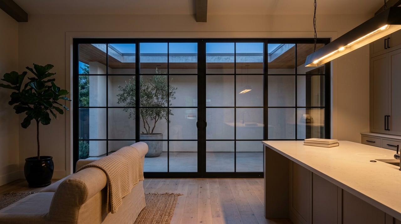 Great room at dusk with a warm pendant over a kitchen island and a potted olive tree beyond black-framed glass.