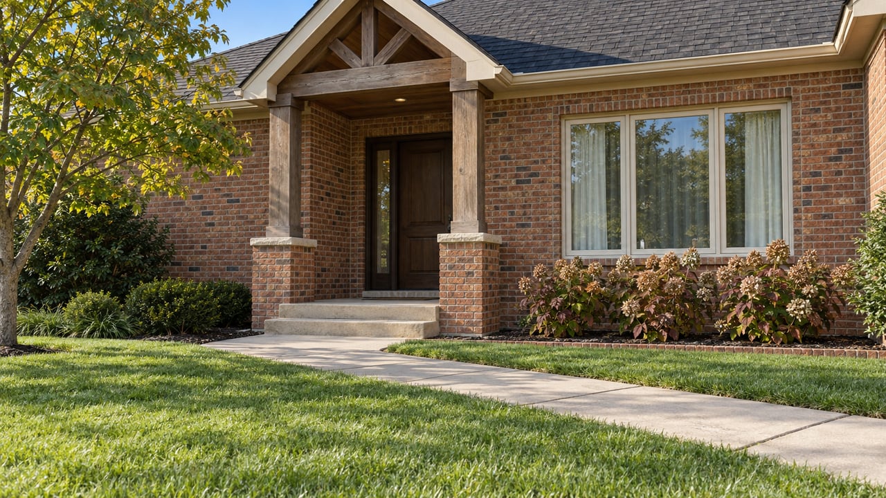 Red-brown brick home with a cedar-post covered entrance, broad lawn, redbud tree and autumn oakleaf hydrangeas.