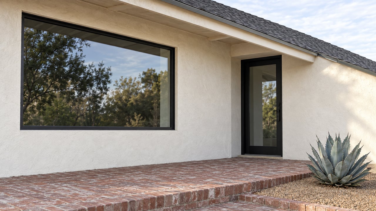 Ranch home entry with a black-framed picture window, recessed glazed door, brick landing, and blue-gray agave.